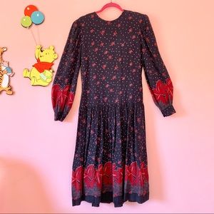 vintage 80s autumn black burgundy fall leaf cottagecore balloon sleeve dress